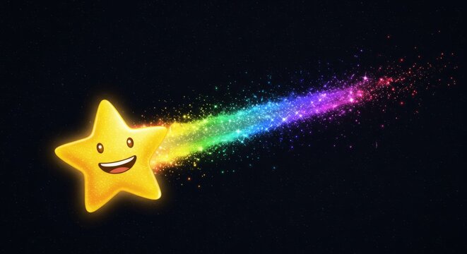 A smiling star shoots across the night sky, leaving a rainbow trail of sparkling stardust. - Powered by Adobe