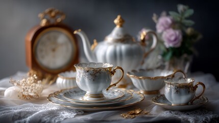 Fototapeta premium Elegant tea set on lace tablecloth