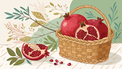 Pomegranate with Pomegranate slice in basket in natural background vector design, Pomegranate vector design