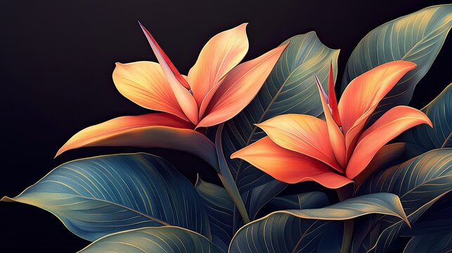 Two vibrant orange-red birds-of-paradise flowers, detailed graphic illustration, with dark green, textured leaves