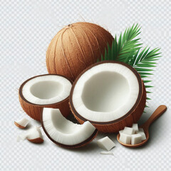Coconut pieces isolated on transparent on white background.
