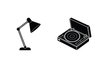 Minimalist Black And White Illustration Of Turntable Record Player And Adjustable Desk Lamp