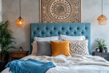 A blue bed with a white comforter and pillows. The bed is surrounded by a plant and a clock