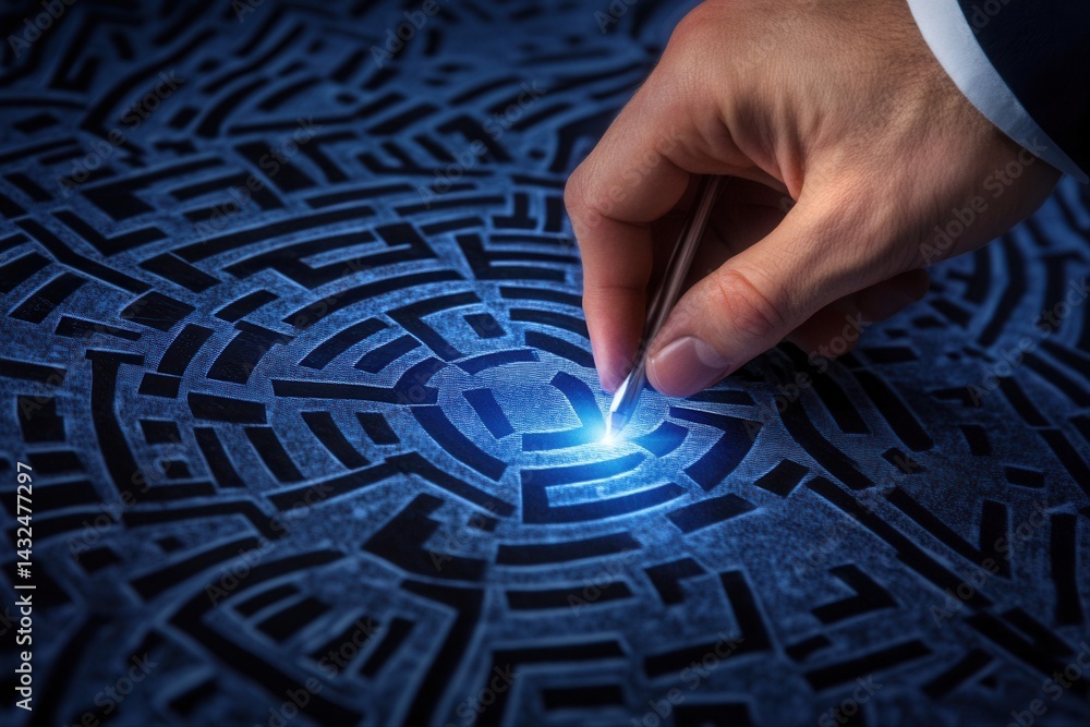 Poster a focused hand using a tweezers to highlight a point in a complex maze design on a dark surface