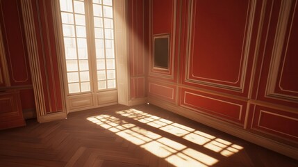 Obraz premium Sunlit, antique french interior with rich red paneling.