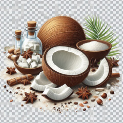 Coconut pieces isolated on transparent on white background.