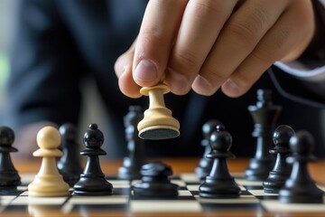 A focused individual strategically moving a pawn in a chess game, showcasing intense concentration