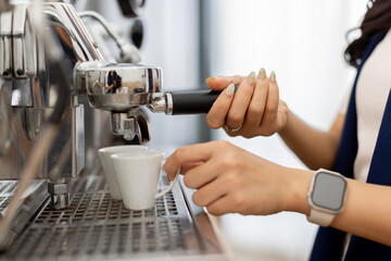 Young caucasian asian woman working with cash box in coffee shop behind the counter. Female worker,...