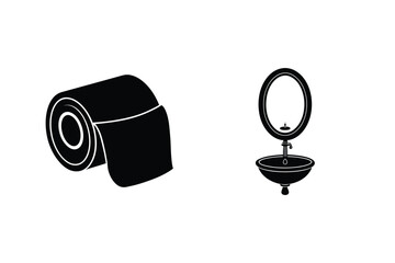 Black And White Illustration Of Toilet Paper Roll And Bathroom Sink Icon