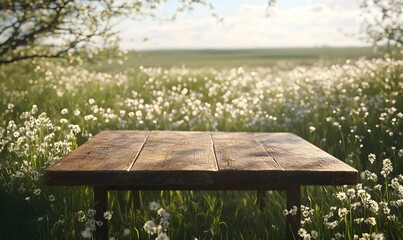 Rustic Wooden Table in a Spring Wildflower Meadow