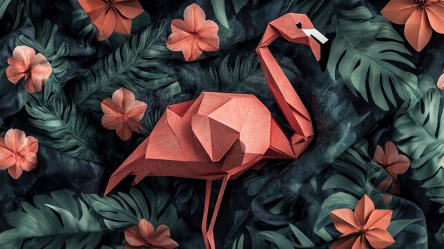 Pink origami flamingo amidst tropical flowers and leaves
