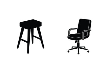 Black Silhouette Of Bar Stool And Office Chair On White Background