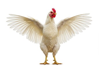 A white chicken standing with its wings spread wide open isolated on a white background in a studio shot
