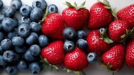 Obraz premium A close up shot of fresh strawberries and blueberries arranged on a white surface in bright light