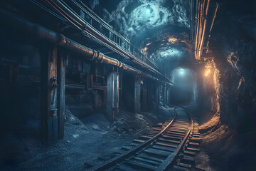 Naklejka premium Dark Tunnel, Rail Tracks, Deep Mine