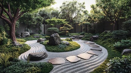 Serene Zen Garden: A Tranquil Landscape of Rocks, Gravel, and Lush Greenery