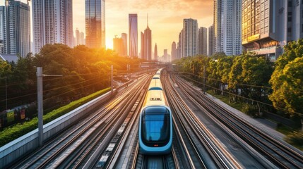 Obraz premium Elevated train slicing through urban cityscape illuminated by setting sun