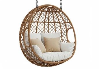 Obraz premium A hanging wicker chair with cushions and pillows on a white background in studio lighting