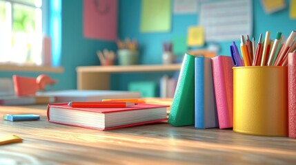 A colorful study space with books, stationery, and a bright atmosphere.