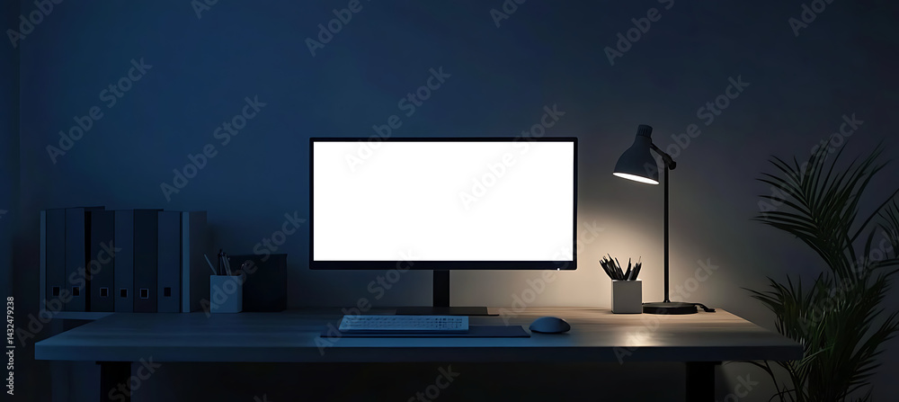 Poster clean desk with a transparent png led screen and copy space on the wall for your personalized brandi