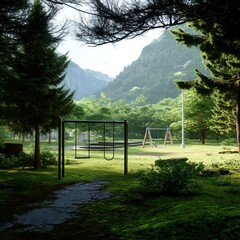 Fototapeta premium An unmaintained park deep in the mountains of Japan, Park with a slope, surrounded by dense forest, the park area is covered with grass, moss-covered playground equipment.