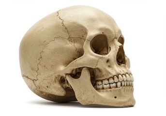 Obraz premium Anatomical model of a human skull with visible sutures and teeth on a plain white background studio shot