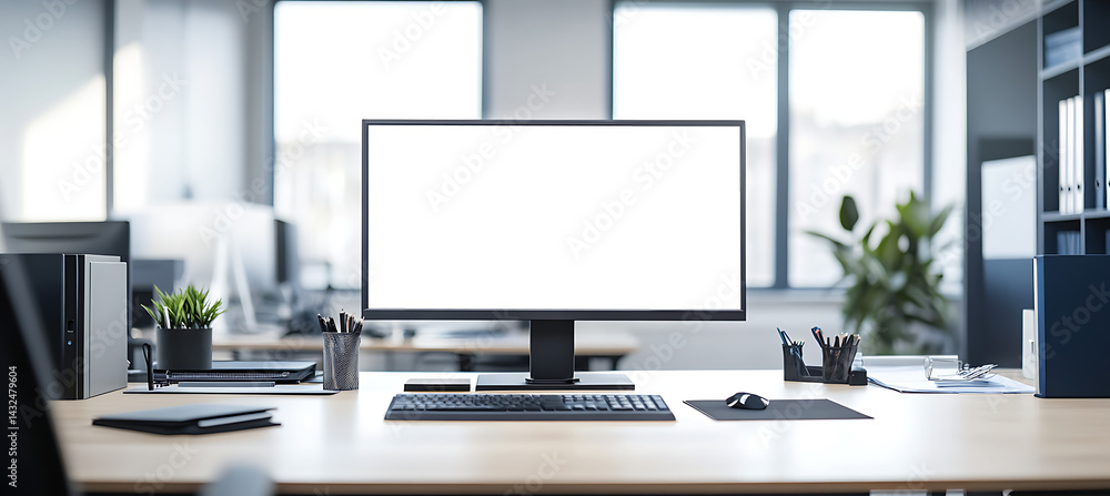 Poster clean desk with a transparent png led screen and copy space on the wall for your personalized brandi