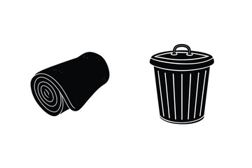 Black And White Illustration Of A Rolledup Bag And A Trash Can Vector