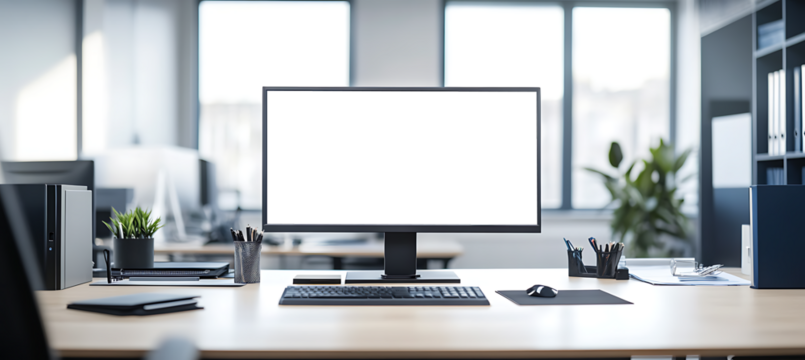 Clean Desk with a Transparent PNG LED Screen and Copy Space on the Wall for Your Personalized Branding and Advertisement Needs - Powered by Adobe