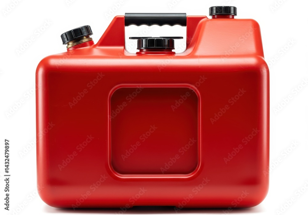 Poster a red fuel container with black caps and a handle isolated on a white background in a studio shot