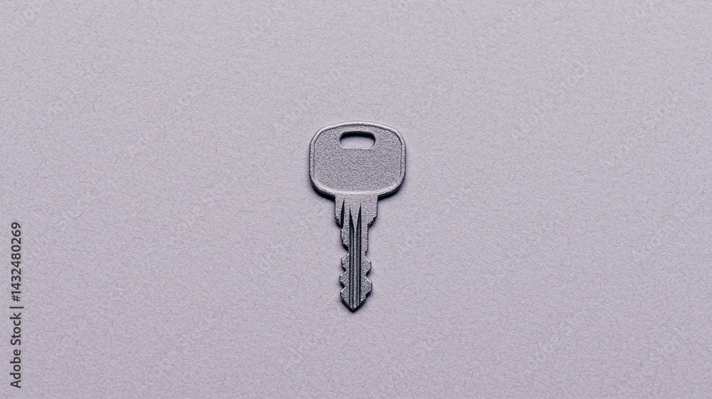 Poster a close-up image of a silver key resting on a textured surface, highlighting its intricate design an