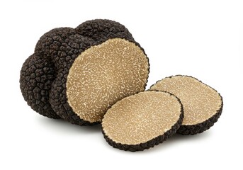 A whole black truffle with two slices on white background showing the interior texture detail clearly