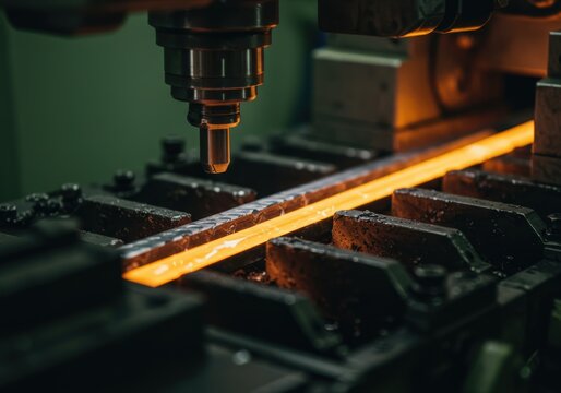 Close up of hot metal undergoing industrial process on a machine. Steel production line with molten steel or iron rod. Manufacturing in a factory setting.
