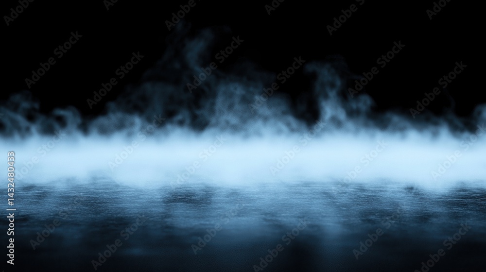 Poster a swirling mist of fog rises over a reflective surface, creating an ethereal atmosphere against a da