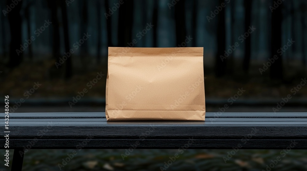 Poster a plain brown paper bag sits on a dark wooden surface in a misty forest setting, creating a moody an