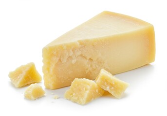 A wedge of parmesan cheese with smaller pieces scattered around it on a white background in close up view
