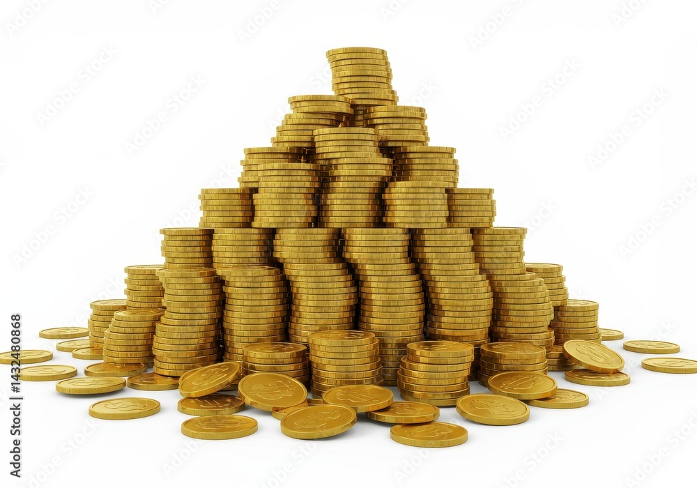 Poster a pyramid structure made from stacks of gold coins on a white background in a studio shot view