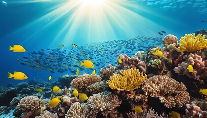 Vibrant Coral Reef Scene with Sunbeams Sunlight Dappled Underwater Paradise teeming with Fish