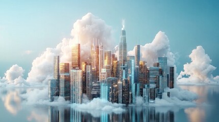 Futuristic city floating on clouds.  A vibrant metropolis nestled amidst fluffy clouds, reflecting on a tranquil surface
