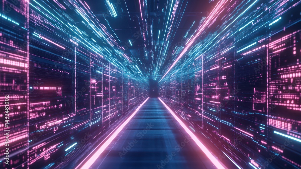Poster neon illuminated digital tunnel background, data stream visualization effect