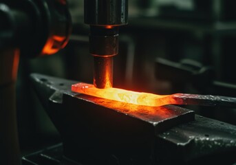 Detail perspective of a hot piece of metal being shaped on an anvil by specialized machine. Industrial process creating a tool or product through immense heat and pressure.