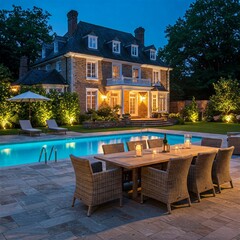Fototapeta premium Elegant, illuminated backyard at dusk. A large home overlooks a pool and outdoor dining set, creating a luxurious and inviting atmosphere.