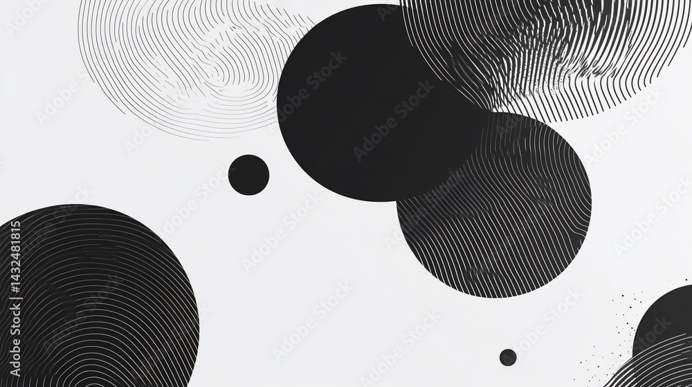 Poster abstract monochrome composition featuring circles and curved lines design