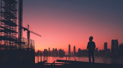 Silhouette of construction worker overlooking city skyline at du  