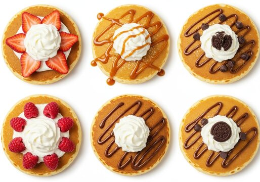 An overhead view of six pancakes with various toppings like fruit, chocolate, and caramel syrup