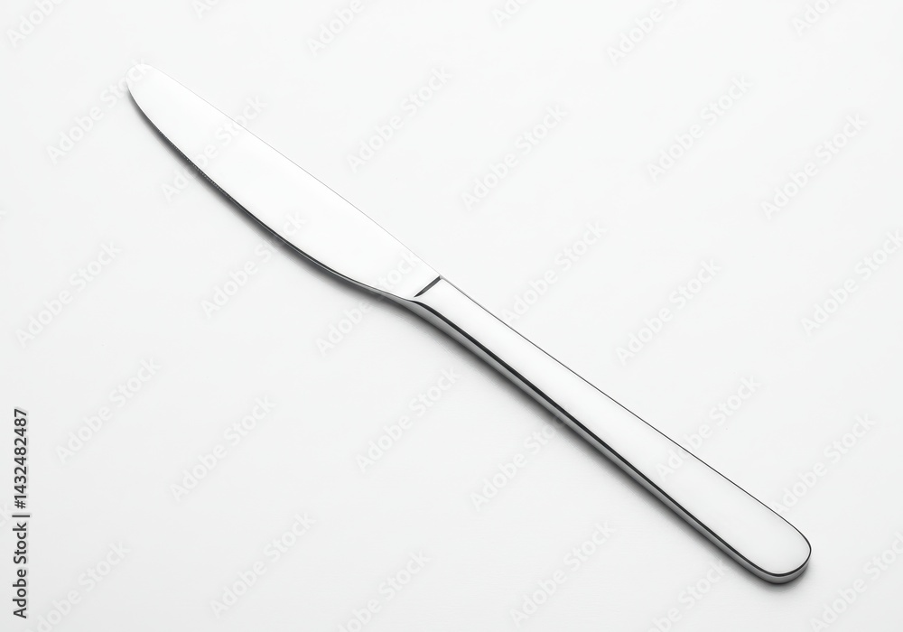 Poster a single silver butter knife is displayed on a white surface with a plain and simple background look