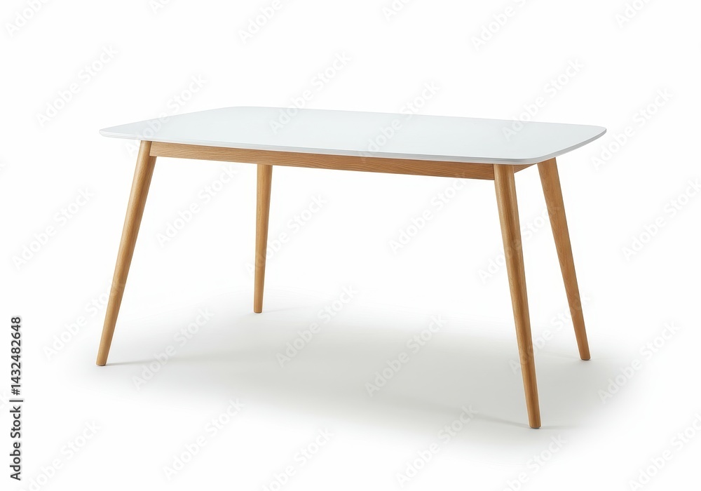 Aufkleber a white rectangular table with rounded corners and light wood legs on a white background is centered