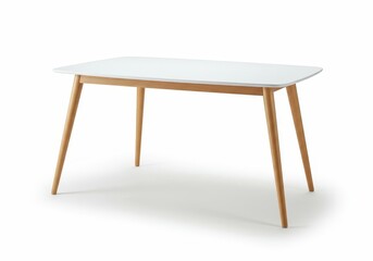 A white rectangular table with rounded corners and light wood legs on a white background is centered