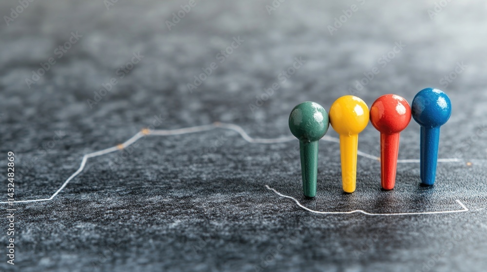 Poster colorful push pins stand on a textured surface, highlighting a line graph in the background, symboli