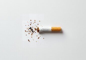 Broken cigarette on white background symbolizing quitting smoking and tobacco addiction awareness